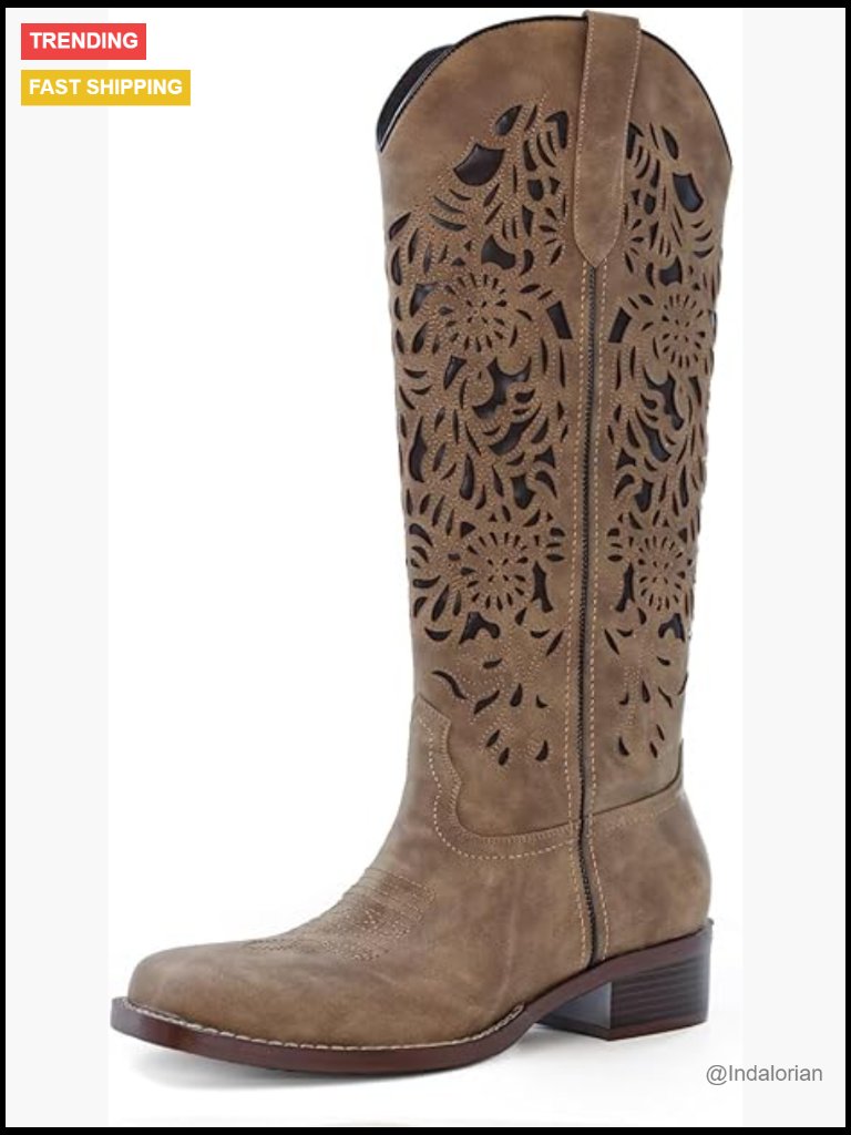 Cowgirl Boots Cut Out Floral Embroidered Low Block Heel Comfortable Pull On
